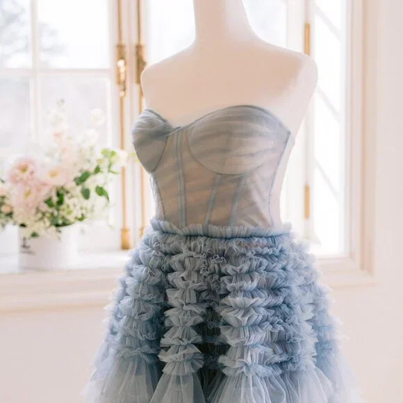 its milla blue tulle ball gown dress w/ train sleeveless corset bodice S small - Picture 2 of 11